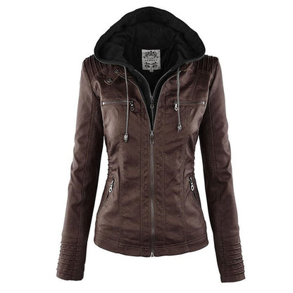 Damen Kunstleder Kapuzenjacke mit Reißverschluss Taillierter Women Coat