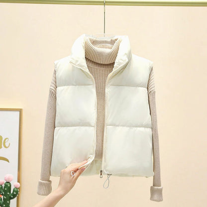 Damen Kurz-Steppweste Bodywarmer mit Stehkragen Zwei-Wege-Reißverschluss - Weiß