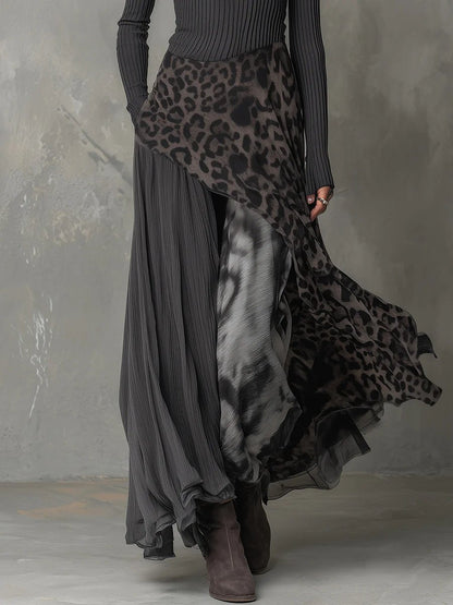 Damen Langarm Maxi-Kleid Rippstrick Leopardenmuster Unregelmäßiger Saum