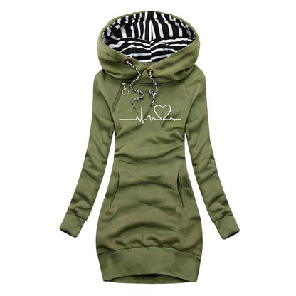 Damen Langarm-Sweatshirt-Kleid mit Herzschlag-Print und Kapuze - Grün