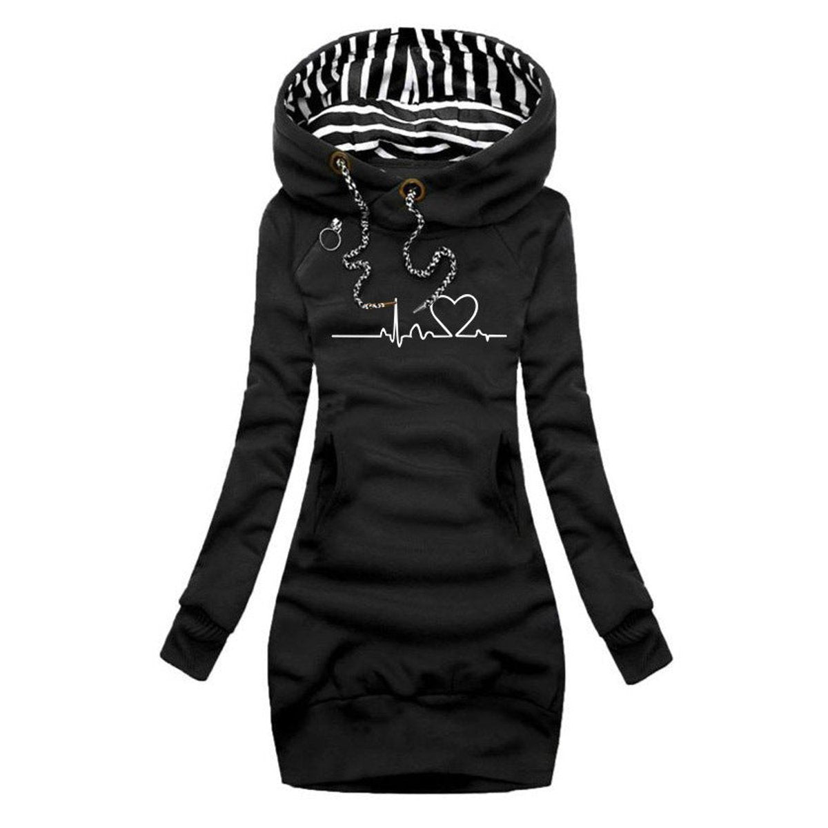 Damen Langarm-Sweatshirt-Kleid mit Herzschlag-Print und Kapuze - Schwarz