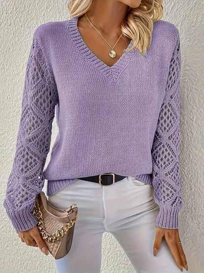 Damen Langarm V-Ausschnitt Lochstrick Pullover Knit Sweater - Lila