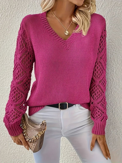 Damen Langarm V-Ausschnitt Lochstrick Pullover Knit Sweater