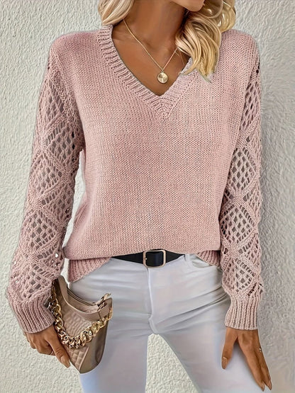Damen Langarm V-Ausschnitt Lochstrick Pullover Knit Sweater - Rosa