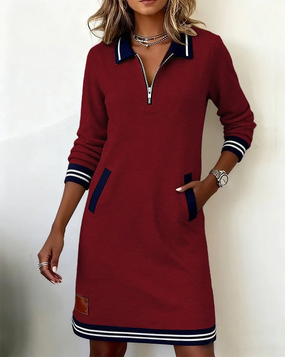 Damen Langarmkleid mit Reißverschlusskragen und Seitentaschen