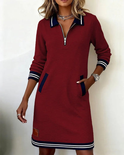 Damen Langarmkleid mit Reißverschlusskragen und Seitentaschen
