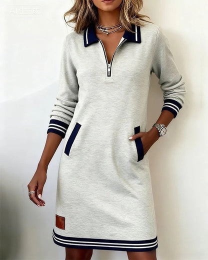 Damen Langarmkleid mit Reißverschlusskragen und Seitentaschen - Grau