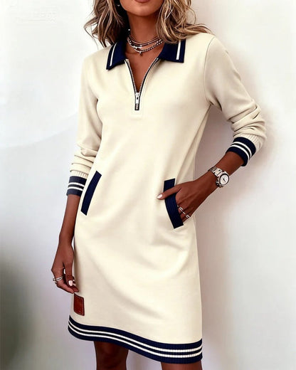 Damen Langarmkleid mit Reißverschlusskragen und Seitentaschen - Weiß