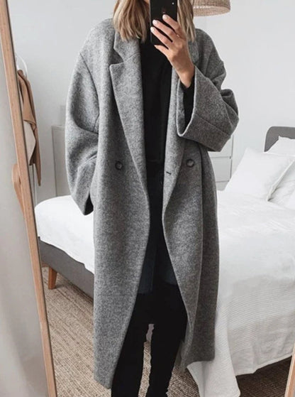 Damen Langer Oversized Wollmantel mit Umlegekragen und Taschen - Grau