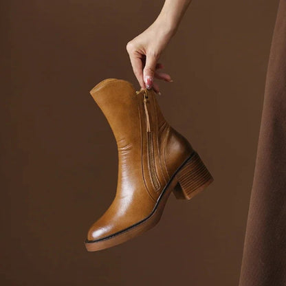 Damen Leder Ankle Boots mit Blockabsatz und Reißverschluss