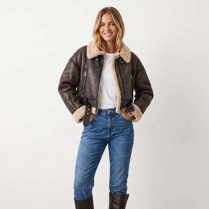 Damen Luxus Doppelseitige Lammfell Bomber Jacke