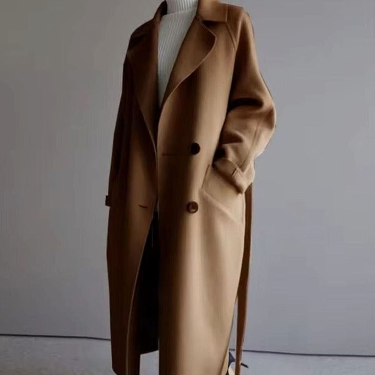 Damen Mantel Eleganter Longline Wollmantel mit Reverskragen - Kamel