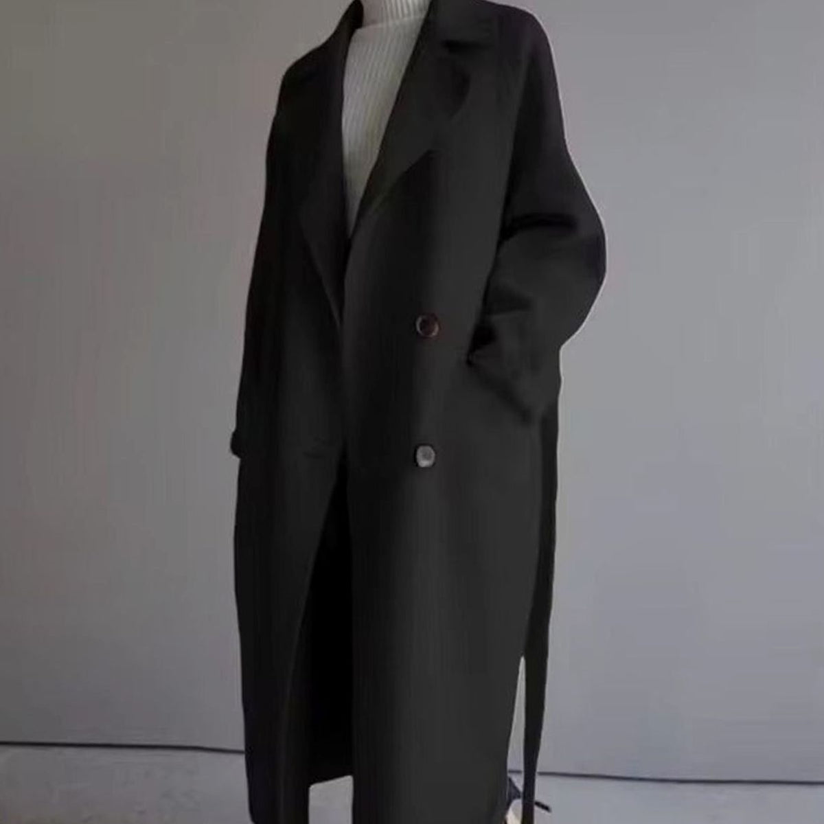 Damen Mantel Eleganter Longline Wollmantel mit Reverskragen - Schwarz