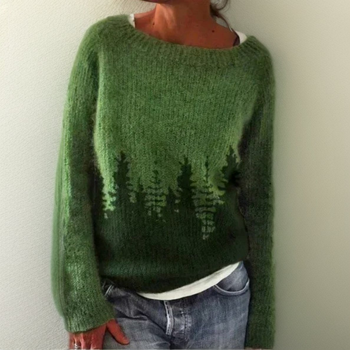 Damen Oversize Rundhals Tannenbaum Knit Sweater