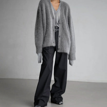 Damen Oversized Flauschige V-Ausschnitt Strickjacke mit Knopfleiste