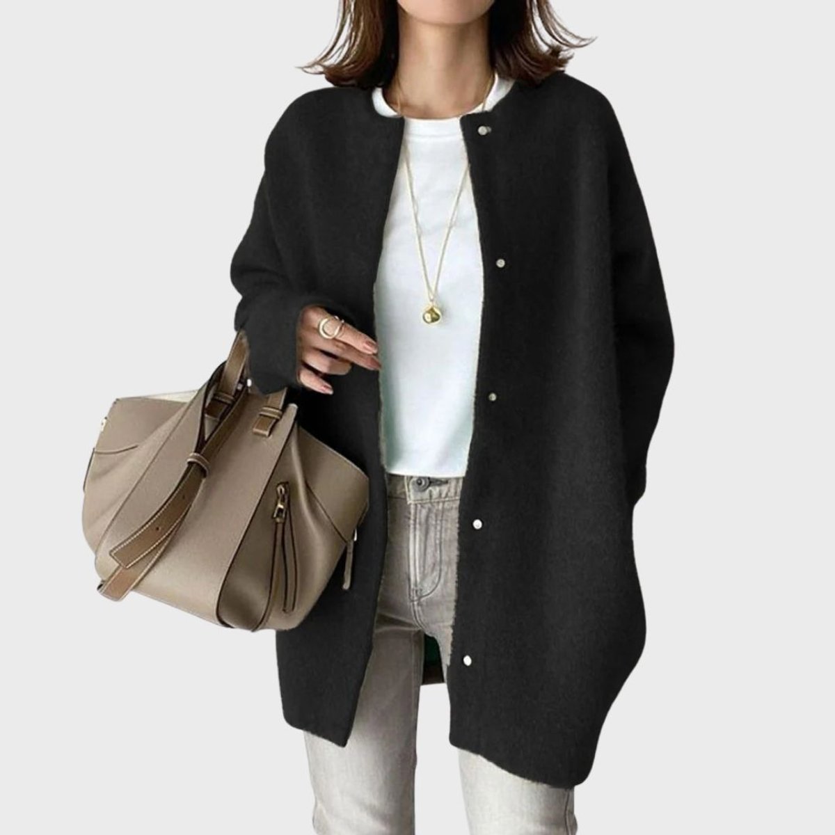 Damen Oversized Kaschmir Cardigan mit Druckknöpfen - Schwarz