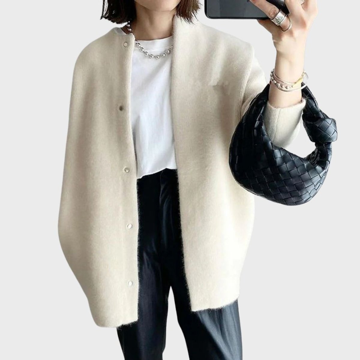 Damen Oversized Kaschmir Cardigan mit Druckknöpfen - Weiß