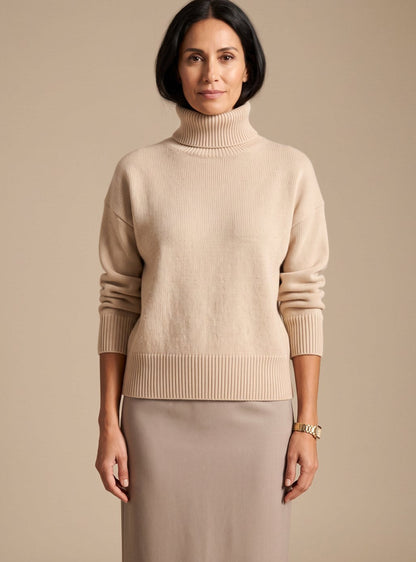 Damen Oversized Rollkragen Strickpullover Langarm - Beige