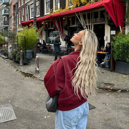 Damen Oversized Steppjacke Bomberjacke Kontrastnaht Kunstleder