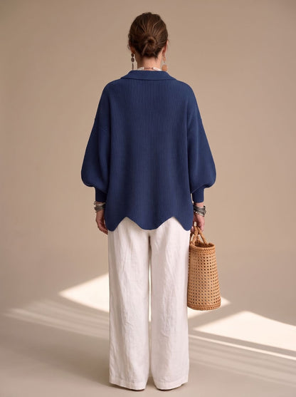 Damen Oversized Strickjacke mit Goldknöpfen und Laternenärmeln, Navy Blue