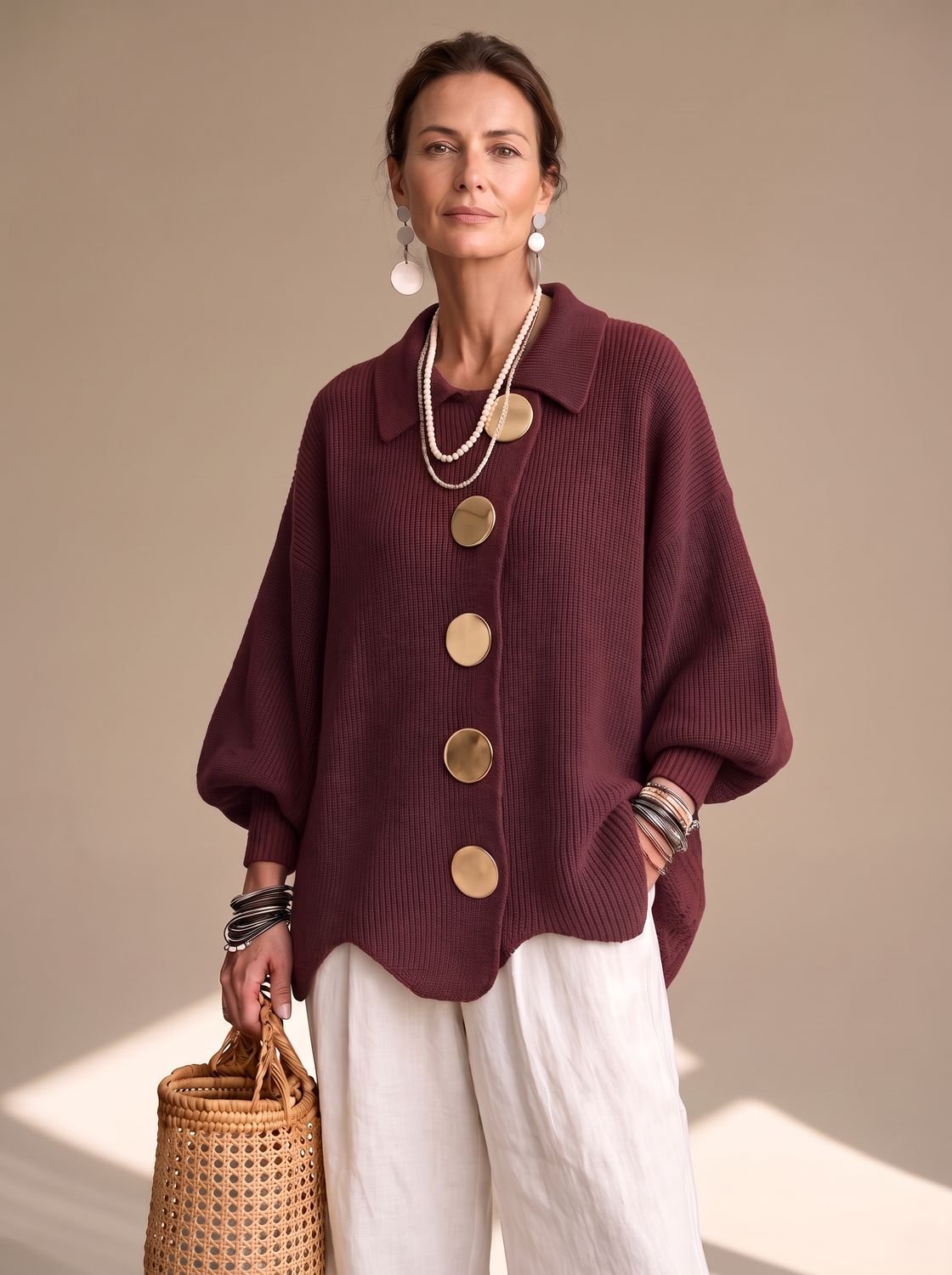 Damen Oversized Strickjacke mit Goldknöpfen und Laternenärmeln, Navy Blue - Rot