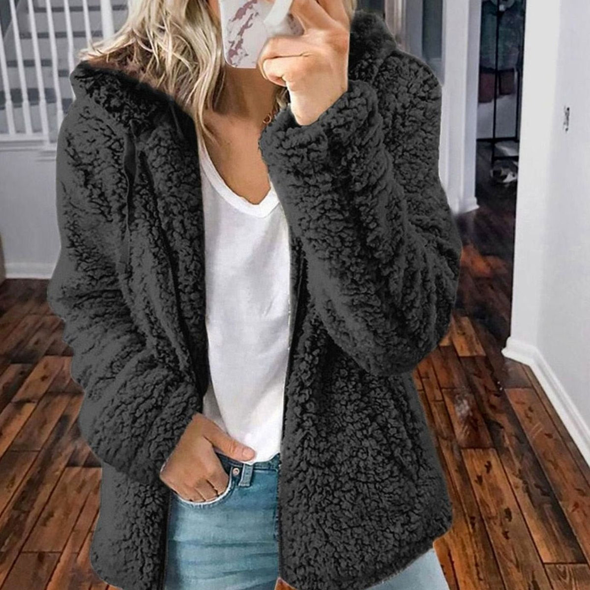 Damen Oversized Teddy-Mantel mit Kapuze und Reißverschluss - Schwarz