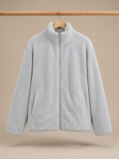 Damen Plüsch-Fleecejacke mit Stehkragen und Reißverschluss Bethany - Hellgrau