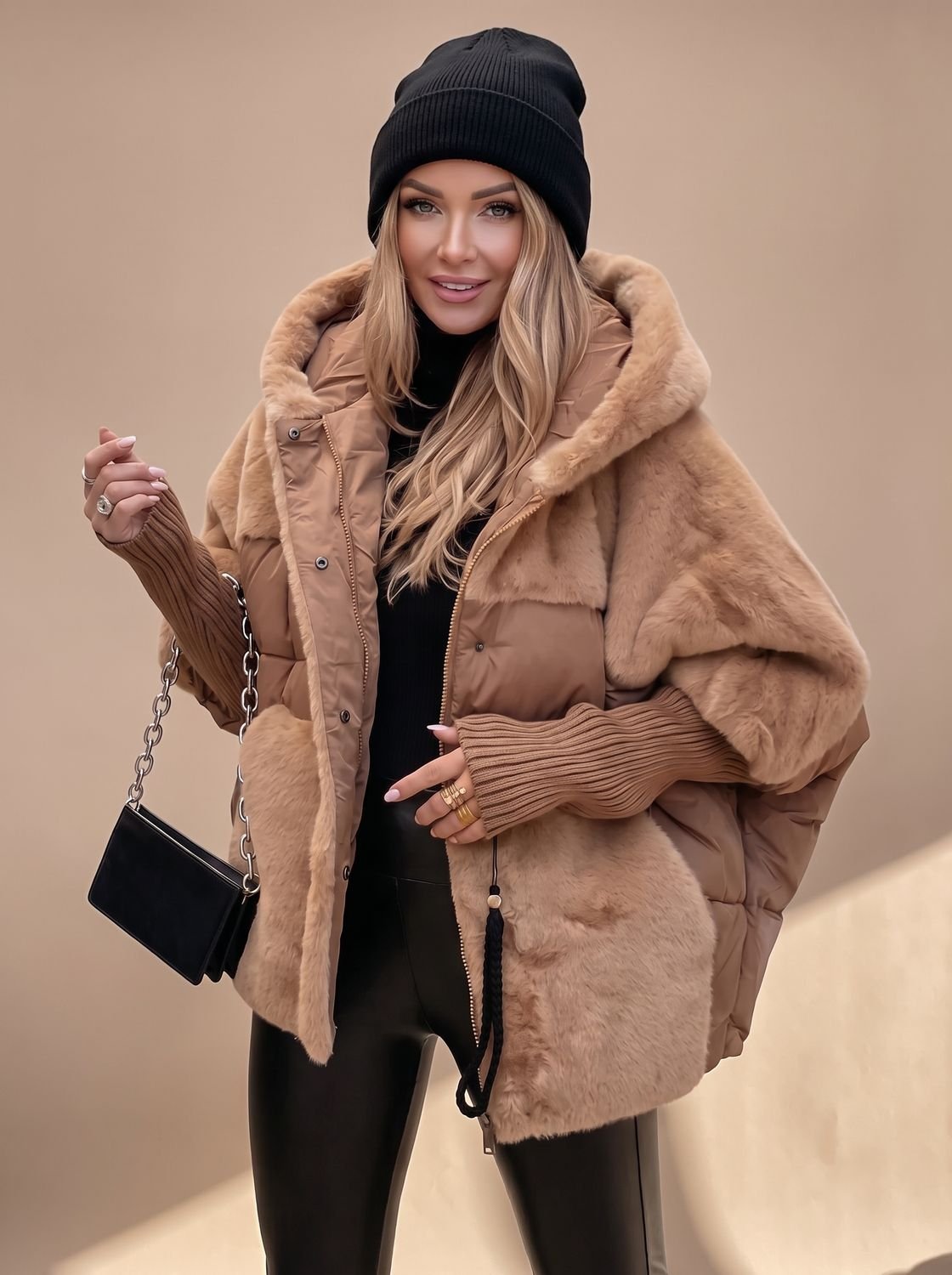 Damen Plüsch Steppmantel mit Kapuze Kunstfell Winterjacke - Braun