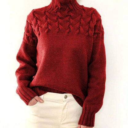 Damen Rollkragen-Strickpullover mit Zopfmuster Oversized - Rot