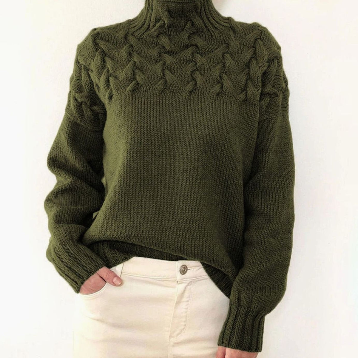 Damen Rollkragen-Strickpullover mit Zopfmuster Oversized - Dunkelgrün
