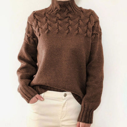 Damen Rollkragen-Strickpullover mit Zopfmuster Oversized - Braun