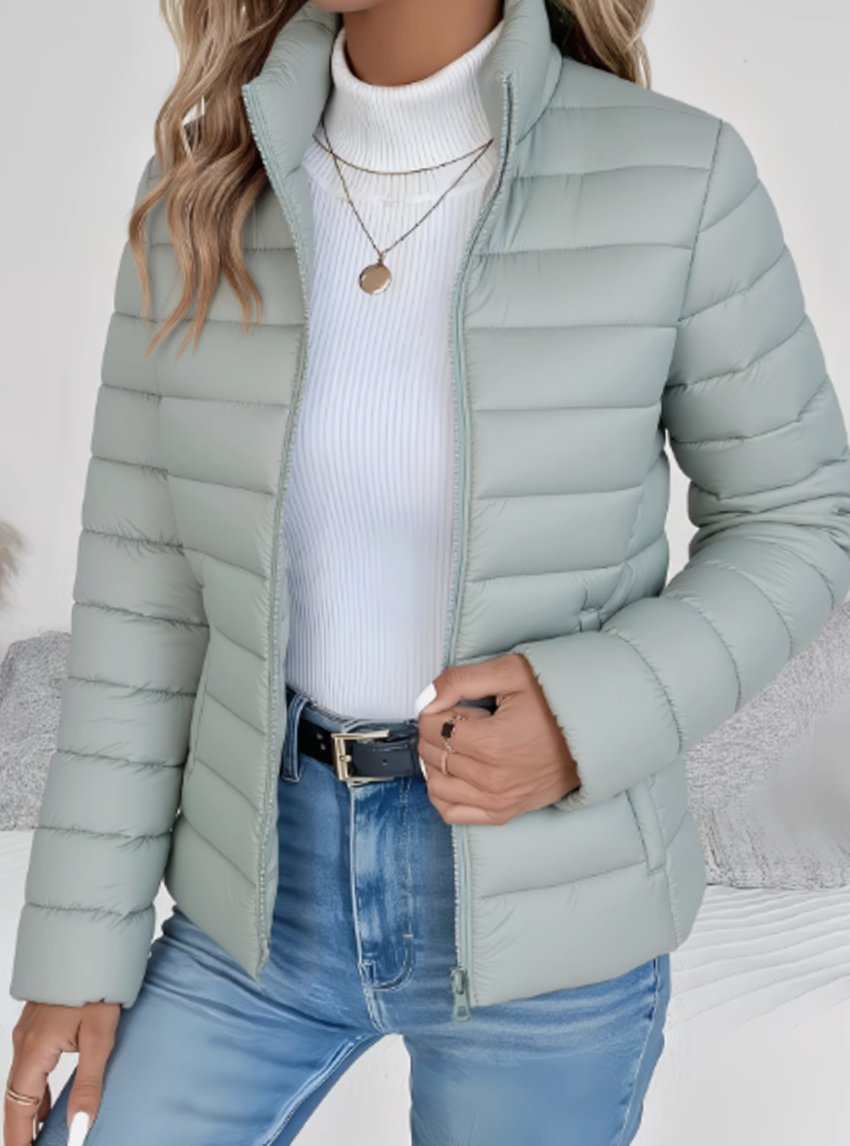 Damen Slim-Fit Steppjacke mit Stehkragen Leichte Winterjacke - Grün
