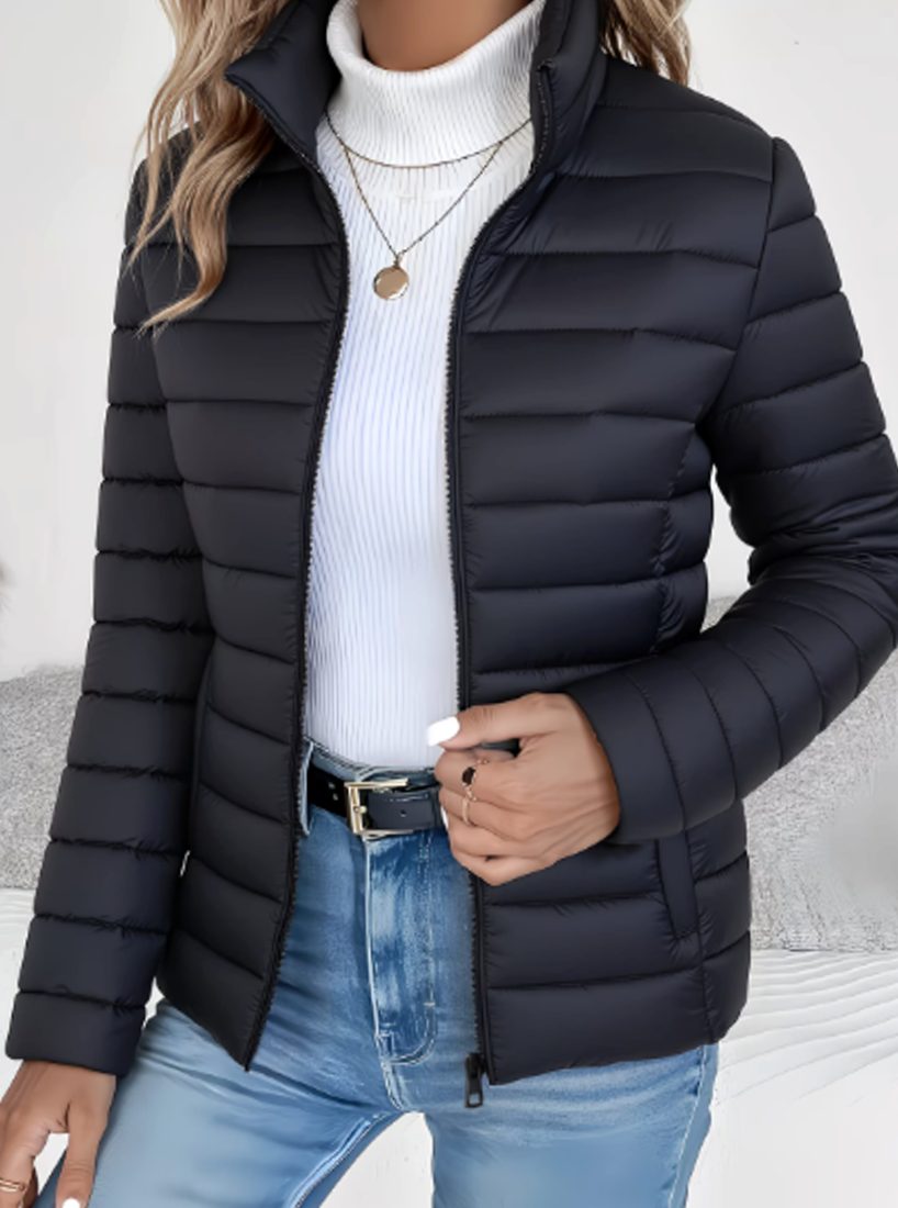 Damen Slim-Fit Steppjacke mit Stehkragen Leichte Winterjacke - Schwarz