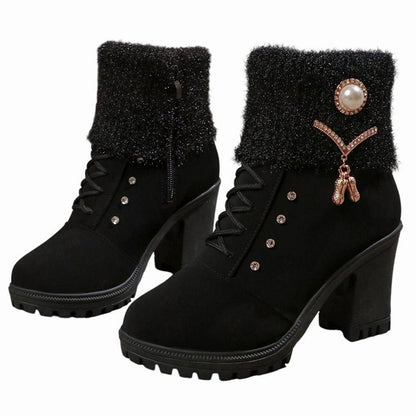 Damen Stiefel damen Chunky-Heel Winterstiefel mit Fellbesatz - Schwarz