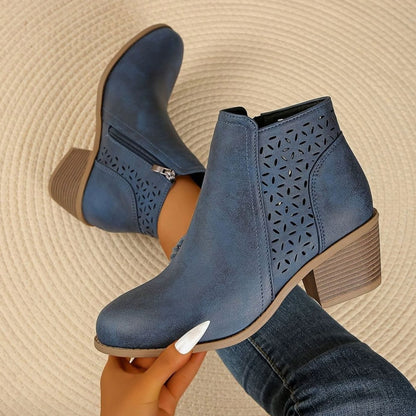 Damen Stiefeletten mit Blockabsatz Laserausschnitt Reißverschluss - Blau