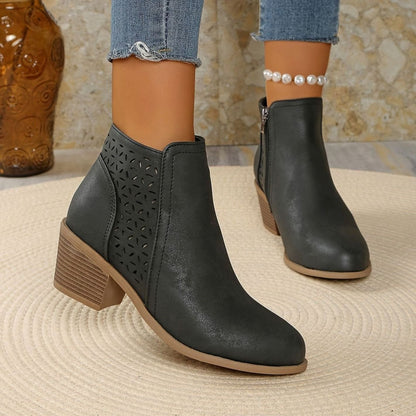 Damen Stiefeletten mit Blockabsatz Laserausschnitt Reißverschluss