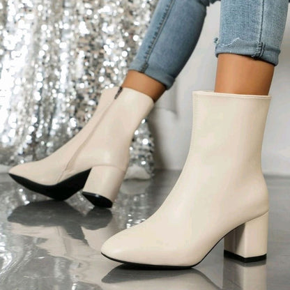 Damen Stiefeletten mit Blockabsatz Spitzer Zehenbereich Seitlicher Reißverschluss