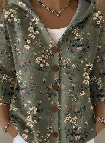 Damen Strickjacke mit Kapuze Buntes Patchwork-Muster Knopfleiste - Dunkelgrün