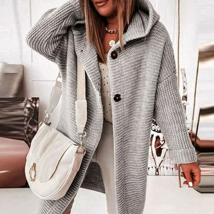Damen Strickjacke mit Kapuze und Knopfleiste in gerader Passform - Grau