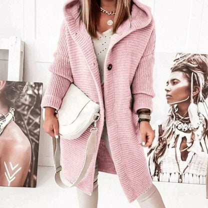 Damen Strickjacke mit Kapuze und Knopfleiste in gerader Passform - Rosa