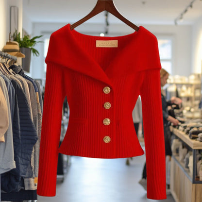 Damen Strickjacke Off-Shoulder figurbetonter Rippenstrick Goldknöpfe - Rot
