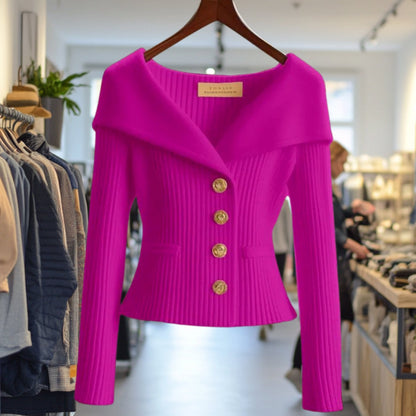 Damen Strickjacke Off-Shoulder figurbetonter Rippenstrick Goldknöpfe - Rosa