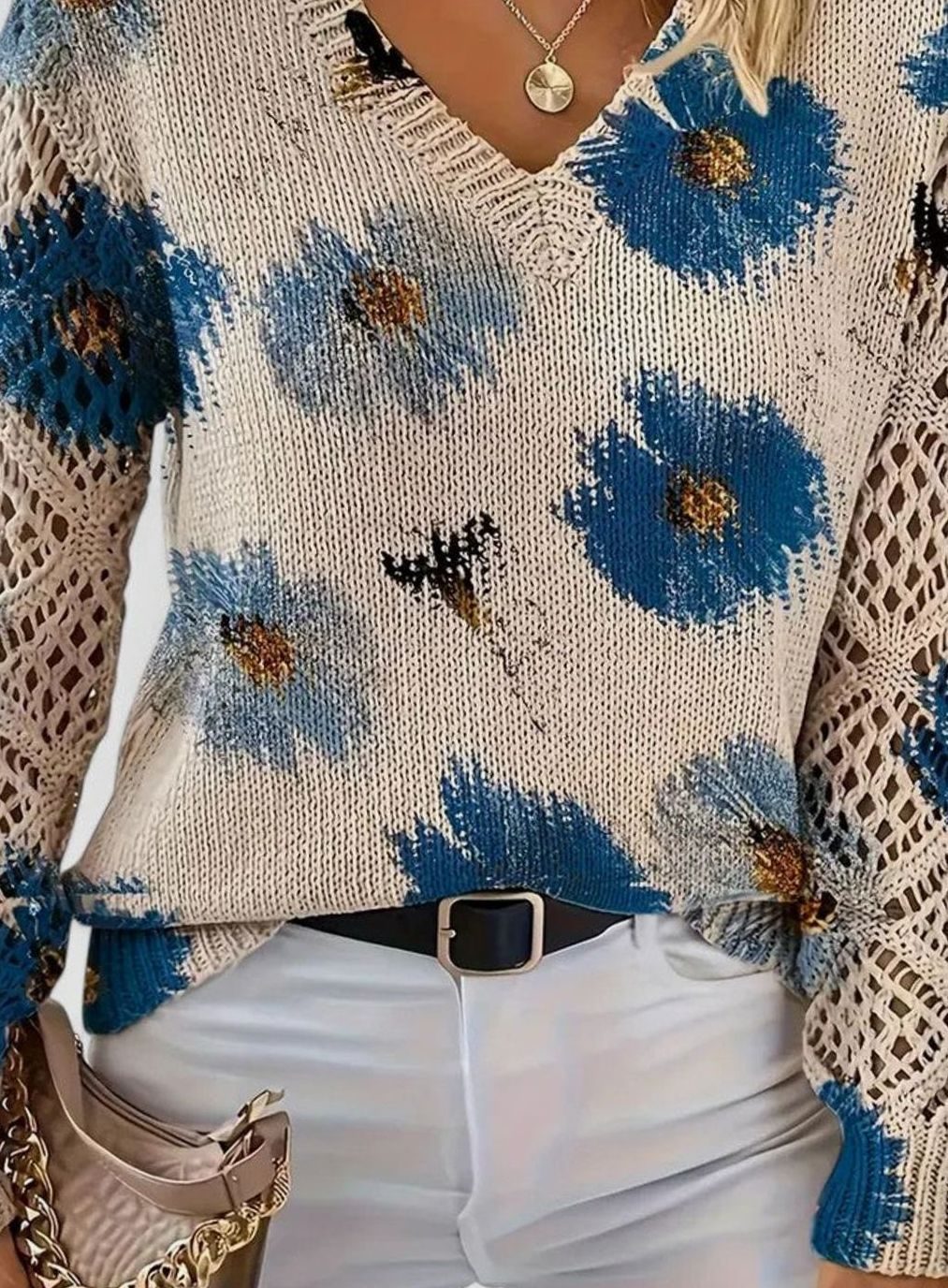 Damen Strickpullover Florales Muster V-Ausschnitt Durchbrochene Ärmel
