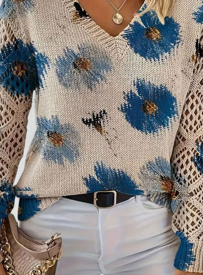 Damen Strickpullover Florales Muster V-Ausschnitt Durchbrochene Ärmel