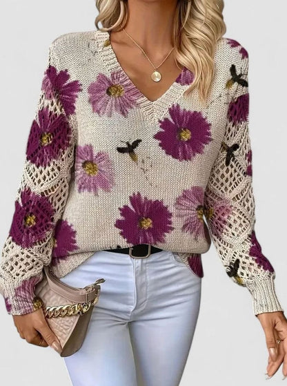 Damen Strickpullover Florales Muster V-Ausschnitt Durchbrochene Ärmel - Rot