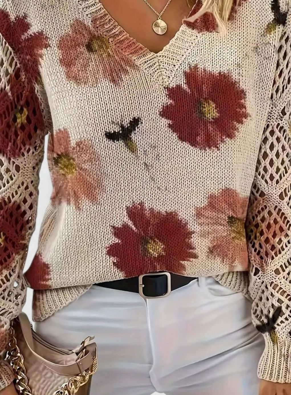 Damen Strickpullover Florales Muster V-Ausschnitt Durchbrochene Ärmel