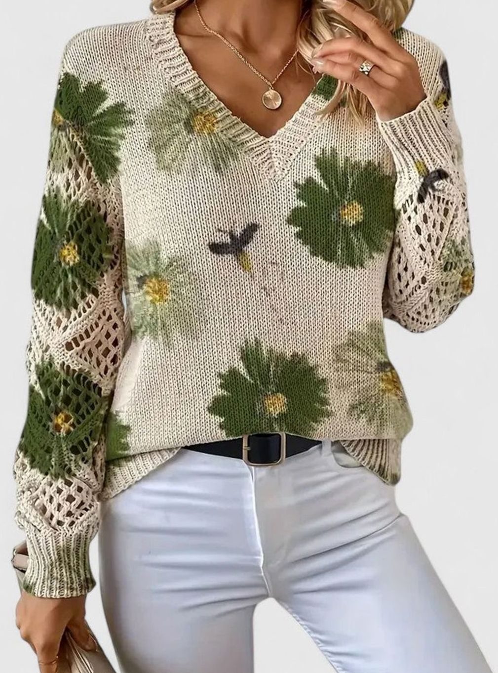 Damen Strickpullover Florales Muster V-Ausschnitt Durchbrochene Ärmel - Grün