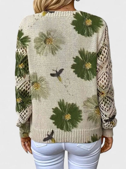 Damen Strickpullover Florales Muster V-Ausschnitt Durchbrochene Ärmel