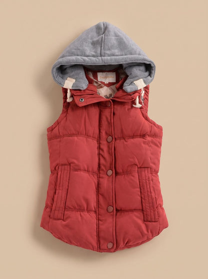 Damen Wattierter Bodywarmer mit Kontrastkapuze Druckknopfleiste - Weinrot