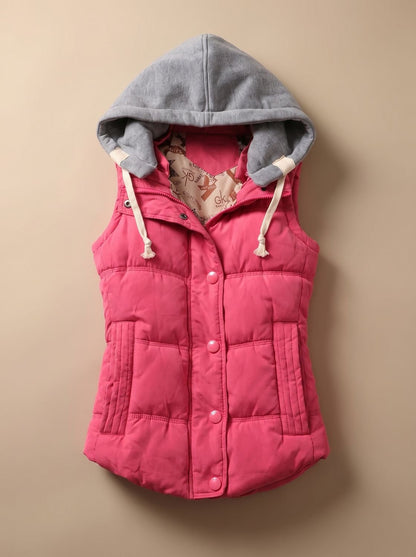 Damen Wattierter Bodywarmer mit Kontrastkapuze Druckknopfleiste - Fuchsia